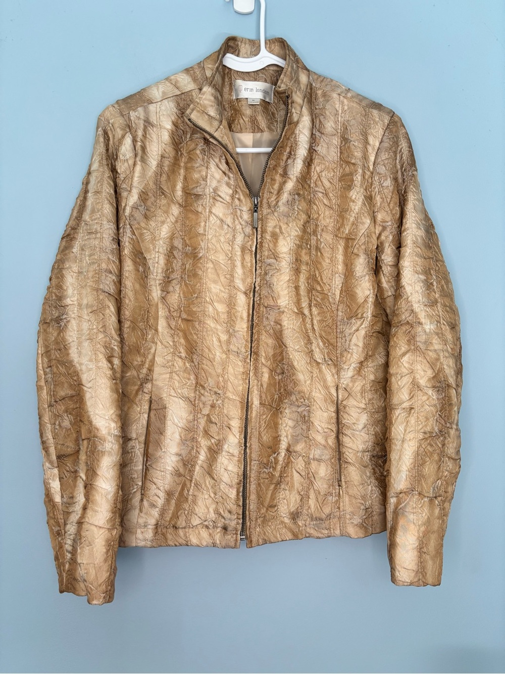 Erin London Gold Crinkle Full Zip Textured Jacket Size Medium Artsy Vintage